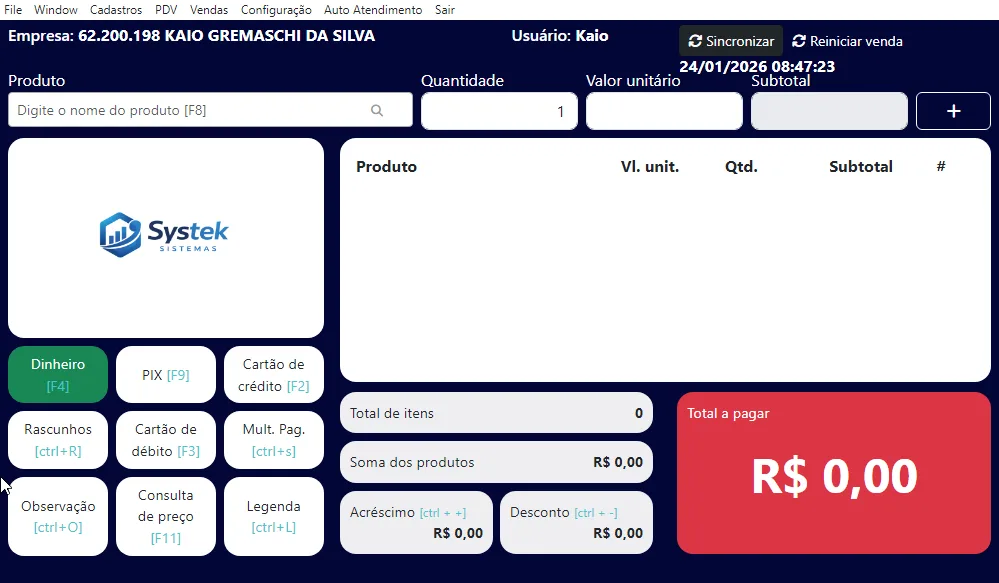 Tela do Systek Gestão